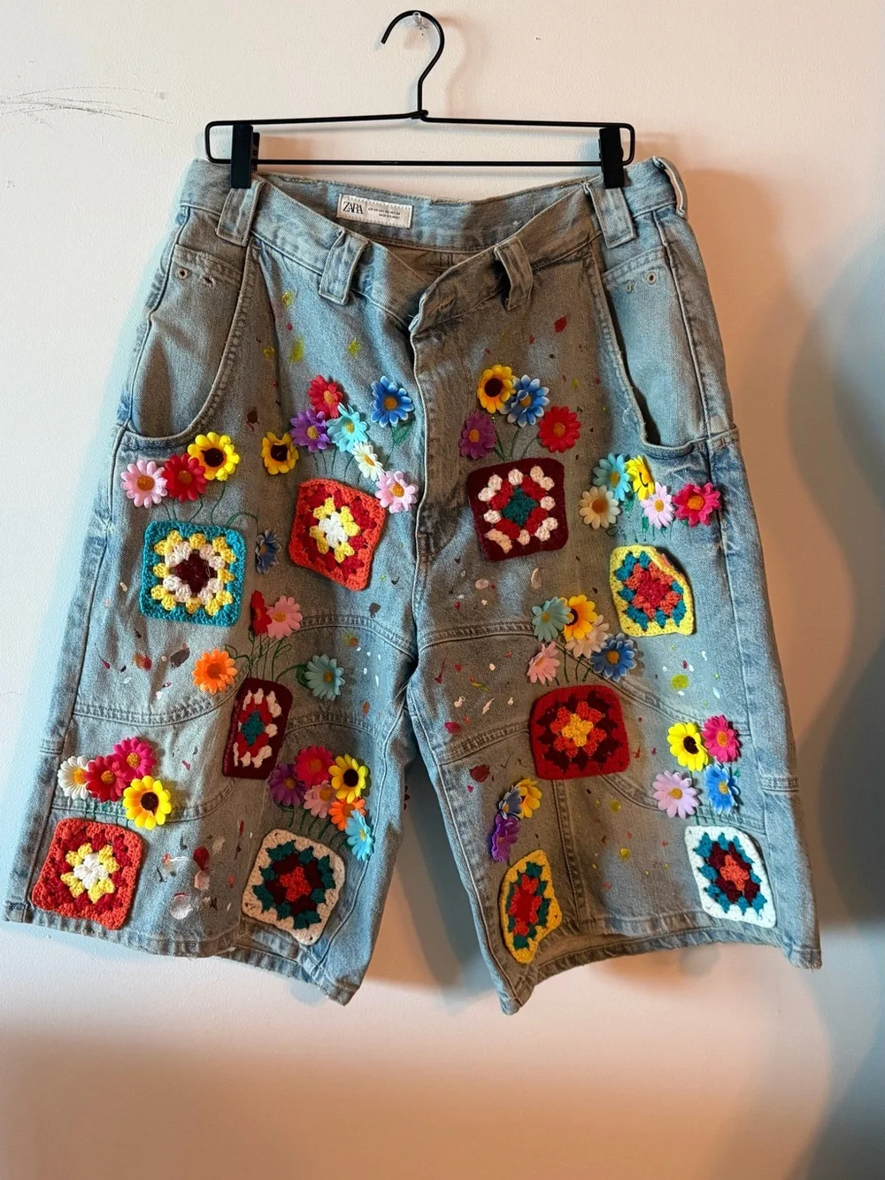 Hand-Painted Denim Shorts with Colorful Crochet Patches